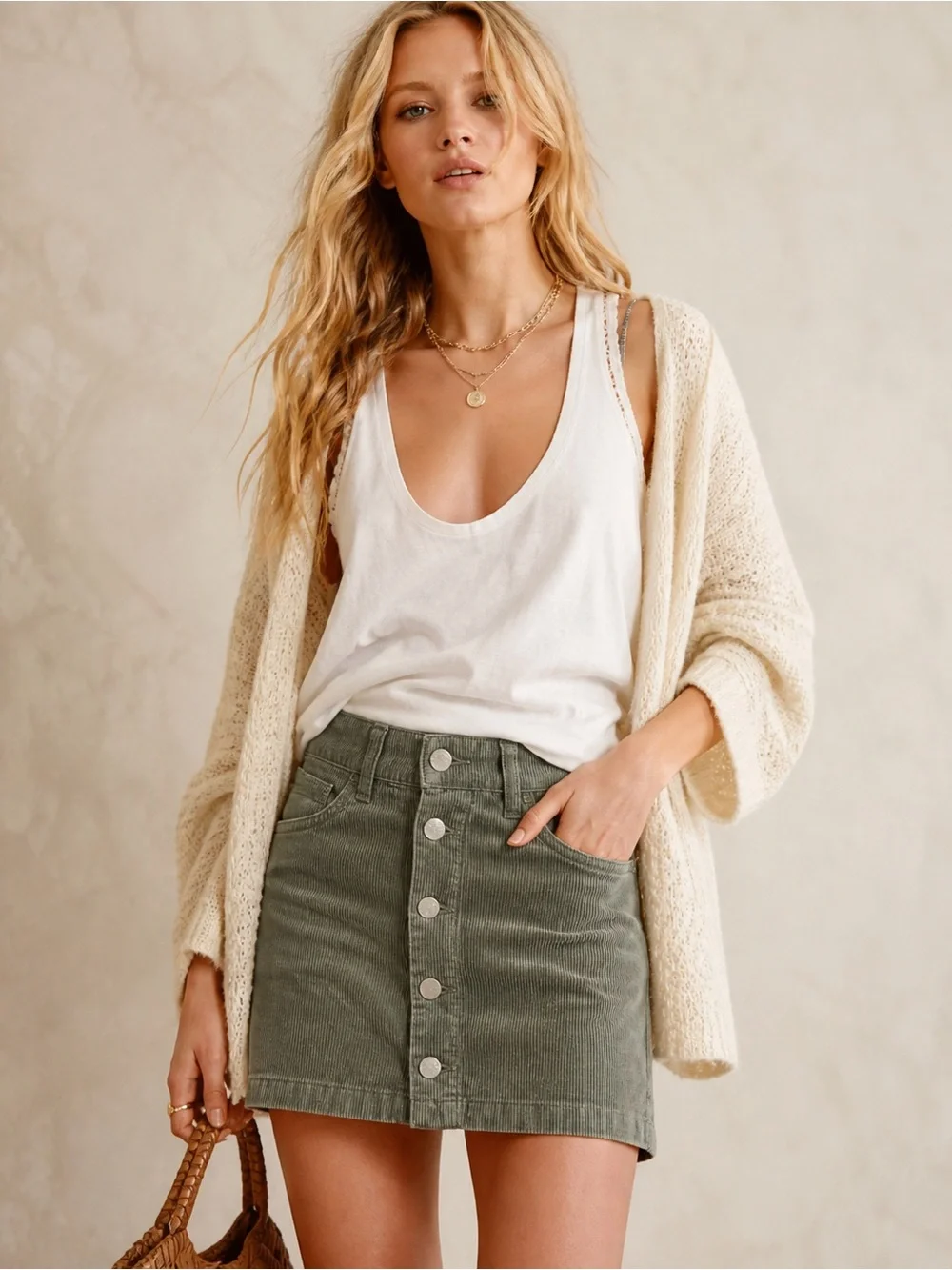 Free People Corduroy Mini Skirt Button Front High Rise Army Green Size 8 NWT - Picture 1 of 8